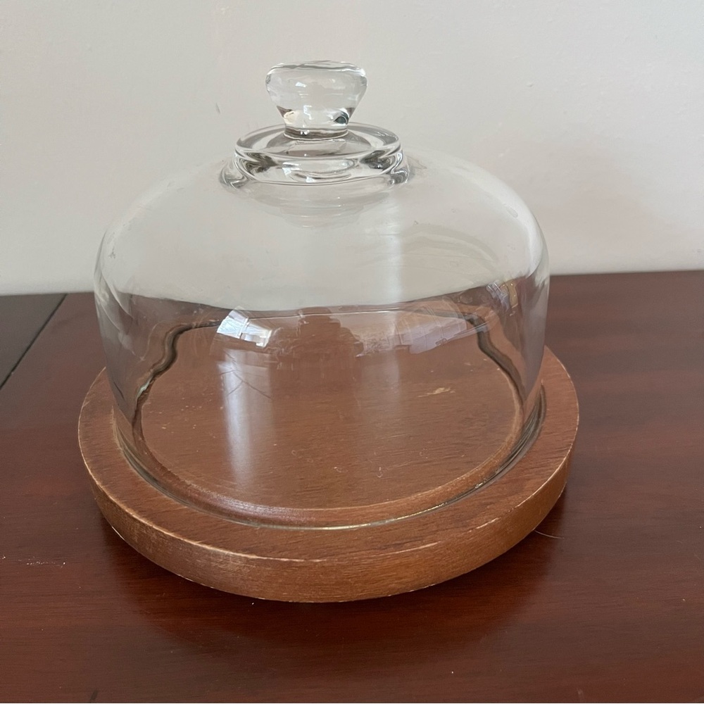 Vintage MCM GoodWood teak cheese / dessert tray with glass cloche